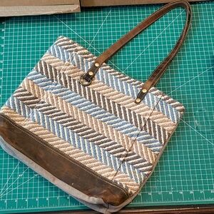 Myra Woven Chevron Tote Bag with Leather Trim - Blue, Brown, Cream